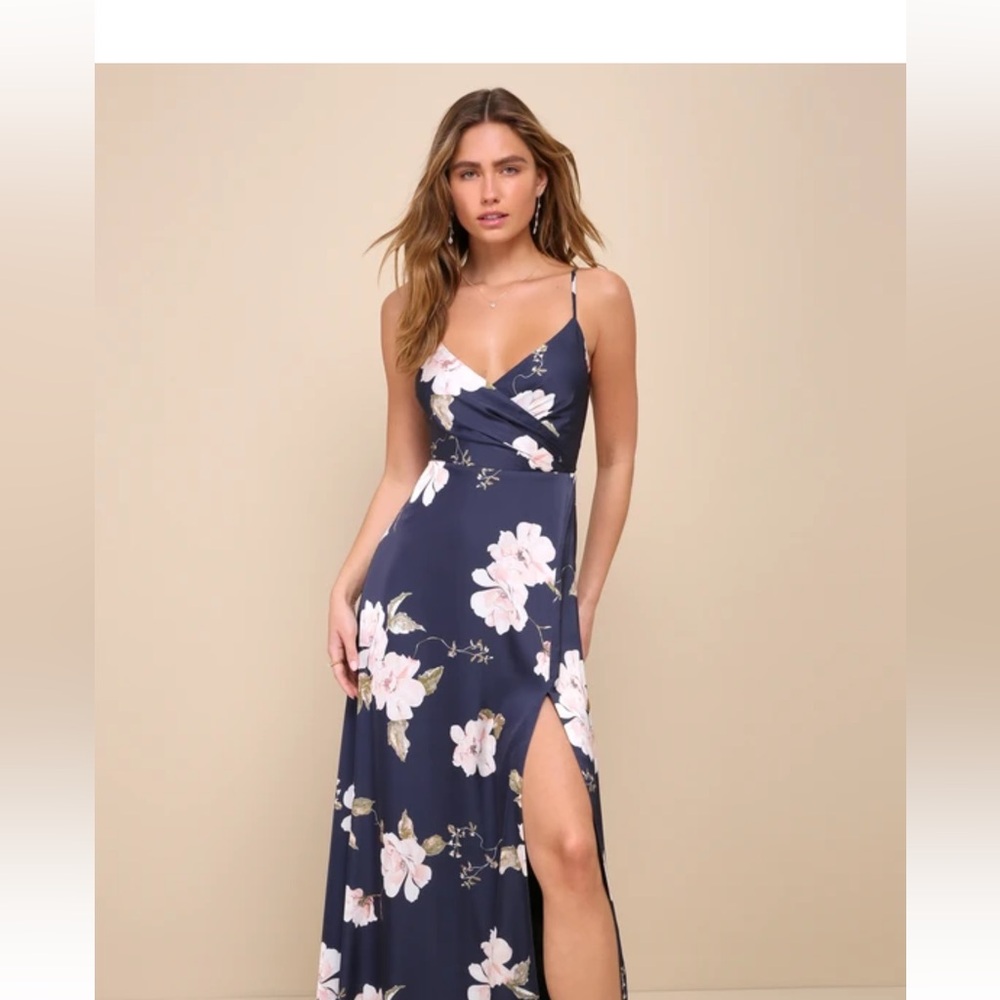 Blue Floral Maxi Dress with Asymmetrical Slit - Picture 4 of 4